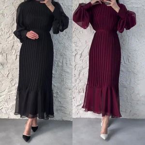 Ethnic Clothing Women Long Dress Pleated Round Neck Party Gown Bishop Sleeve Lady Stand Collar Slim Fit Patchwork