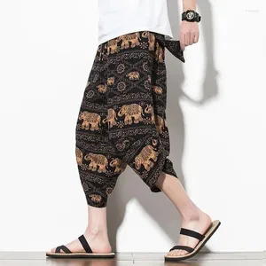 Men's Pants Cotton Linen Ethnic Print Men Capris Summer Beach Hawaii Holiday Casual Patalon Male Thailand Chinese Nepal Vintage