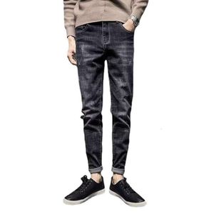 Spring and Autumn Season Nine Point Jeans for Men's Slim Fit Feet 2023 New Velvet Fashion Brand Casual Elastic Pant Trend