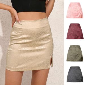 2024 Summer Leopard Pattern High Waist Split Short Sexy Jacquard Satin Zipper Skirt for Women