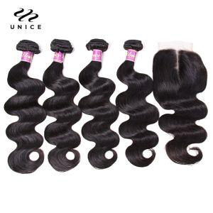 Closure UNice Hair Virgin Human Hair 4 Bundles with Closure Peruvian Body Wave with Closure Human Hair Lace Closure with Bundles