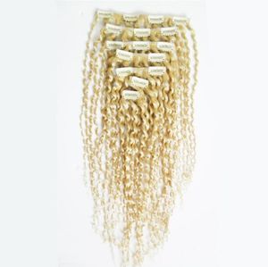 Blonde mongolische Afro Kinky Curly Weave Remy-Haarspange aus Echthaar, 7-teilig, Set 100 g, Clip-in-Extension aus Remy-Echthaar 7562651