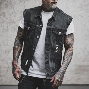 Herrenjacken Vintage aufgesetzte Taschen zerrissene Jean-Weste Mäntel Männer 2024 Frühlingsmode mit geknöpftem Revers Denim-Westen Herrenjacke Streetwear