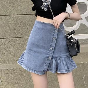 Skirts Clothes Gyaru For Woman Pleat Jeans Ruffle Women's Skirt Denim Pleated Cotton Patchwork Stylish Streetwear Korean Style