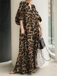 Party Dresses Fashion Printed Maxi Dress Women Leopard Sundress Summer Puff Sleeve Long Vestidos Female V Neck Oversize Robe