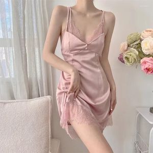 Women's Sleepwear Nightdress Ice Mini Sling With Nightwear Sexy Silk Suspender Open Back Satin Summer Girl Thin Nightgown Pad