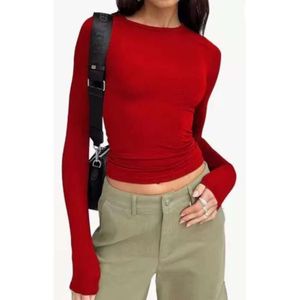 Casual Designer Long Sleeved Spring och Autumn Solid Color Ultra-Thin Pullover Women's Street T-Shirt 2024