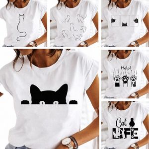Schwarze Katze bedruckte T-Shirts für Damen, Kleidung, weißes T-Shirt, Y2k-Kurzarm, süßes Grafik-T-Shirt, Sommer, übergroßes, lässiges T-Shirt