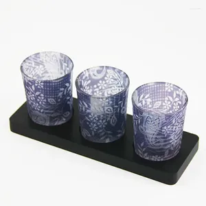 Candle Holders Blue Printed Cup Modern Romantic Glass Holder 3 Piece Wooden Bottom