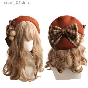 Stingy Brim Sats Winter Mite Barrett Women New England Fashion Retro Big Bow Plain Pattern Paterater Hape Girl Женская фасоль оптовые 2020C24319