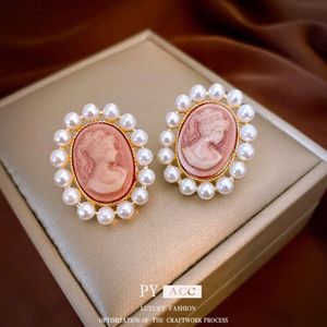 Sier Needle Portrait Pearl Oval French Palace Style Fashion Light High End Earrings