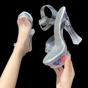 Dress Shoes Women Sandals Female Model T Station Catwalk Sexy Crystal Transparent 14CM High Heels Waterproof Square Heel H240321YJKXF4W6