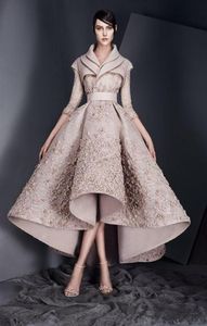 Ashi Studio 2019 New Design Evening Dresses spetsapplikationer Långa ärmar Satin Ruched Prom Dresses High Low Formal Party Gowns Cust5150485