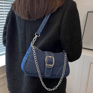 Evening Bags Fashion Denim Chain Satchel Bag Y2K Buckle Decor Armpit For Women Japanese Cowboy Shoulder Designer Party Handbag&Purses