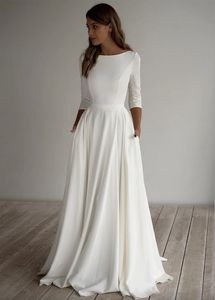 A-line crepe blygsam bröllopsklänning långa ärmar pockest soptåg enkelt elegant informell boho brudklänningar ärmad skräddarsydd