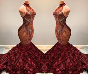 2022 Fantastisk afrikansk sjöjungfru promklänningar Bourgogne Long High Neck Beading Crystal Ruffles Blommor Kvinnor Sexig tävlingsfest klänningar 2998789