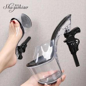 Dress Shoes Shuzumiao New Hot Sexy Women Transparent Sandals 17cm High Heel Slipper Female Fashion Strange Style Sandles Summer H240325