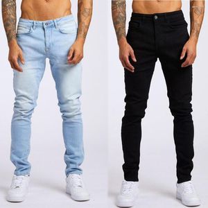 Jeans masculinos skinny cintura alta estiramento rasgado perna cônica azul claro jeans para homens