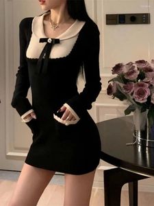 Casual Dresses Sweet Temperament Doll Neck Knit Hip Wrap Dress Women Contrast Color Splice French Bow Elastic Slim Winter Chic Lady Party