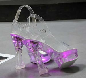 Kleidschuhe 6 Farbe Quadratischer Absatz Damen Sandalen Leuchten Glühende leuchtende klare Plattform Hohe 15 cm TransparentIM7Y H240321