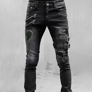 Erkek kot pantolon esnek denim sokak ince pantolon patchwork delikleri yırtılmış sıkıntılı elastik bel fermuar gasp düz pantolon
