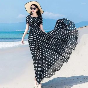 Carpets 2024 Women's Summer Fashion Chiffon Skirt Red Wave Dot Dress Long Retro Hepburn Beach Trend