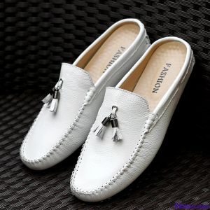 Stövlar Tassel Half Shoes For Men Summer äkta läderloafer Slipon tofflor Casual rygglösa kör loafers för man mule masculino