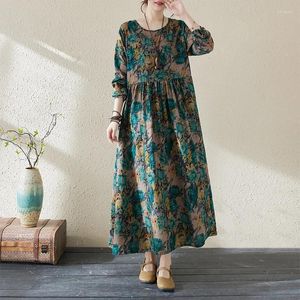 Casual Dresses 2024 Arrival Soft Cotton Linen Print Floral Long Sleeve Vintage Spring Summer Dress Fashion Women Autumn