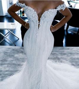 Abiti da sposa Sirena Piume di struzzo Abiti da sposa Applicazioni in pizzo Taglie forti 2 4 6 8 10 12 14 16 18 20 22 New1495609