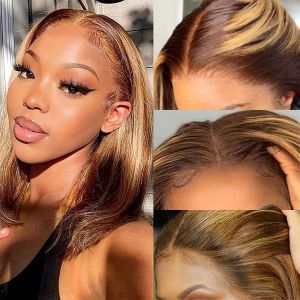 Wigs Highlight Bob Wig Human Hair Wigs Brazilian Straight Lace Front Wig For Women Colored Honey Blonde P4/27 Bob Lace Frontal Wig
