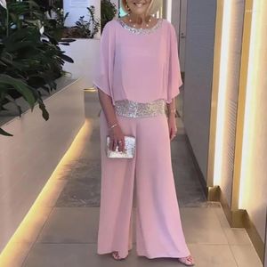 Women's Two Piece Pants Pink Sequin Spinning Tunic Suit Women Spring O Neck Top Pullover & Wide Leg Outfit Summer Batwing Sleeve Loose