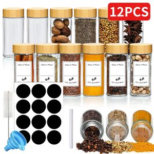 12-teilige Gewürzgläser aus Glas mit Bambusdeckel, runde Gewürzbehälter, Salz- und Pfefferstreuer, Organizer, Küchenglas-Set 240307
