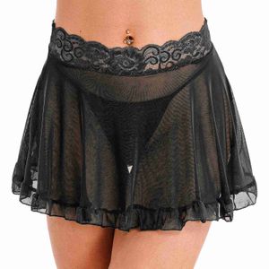 Kjolar skorts kvinnor spets midjeband se-through mesh frilly kjol täcker strandkläder fast färg hög midja miniskirt med g-sträng 240319