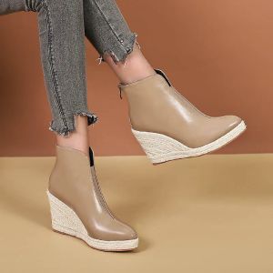 Сапоги Women Wedge Angle Boots Casual Lace Up Low Heels Женская платформа обувь дама гладиатор короткие ботас большой размер