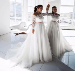 2020 Romantic Poet Long Sleeves Empire Waist Wedding Dresses Lace Champagne Ribbon Off Shoulder Backless Princess Bridal Dress Ves5499099