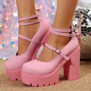 Dress Shoes Pink Short and Fat Heel Shoulder Pump Sweet Platform Square Womens High 2024 Spring H240325