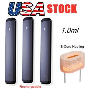 USA STOCK 1ML Vape Canetas Descartáveis E-cigarro Carrinhos de Óleo Grosso Vazio Pod Recarregável 280mAh Bateria Cerâmica Bobinas Vaporizador Caneta Preta 200PCS / case