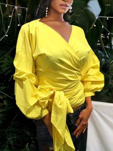 Women's Blouses Women Yellow Blouse Peplum Tops With Waist Belt Bowtie Puff Sleeve V Neck Lady Summer Shirts Female Clothes Blusas African