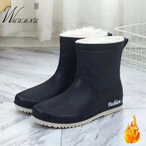 Botlar Siyah Plus Velvet Sıcak Yağmur Botları Moda Slip Platform Giyim Giyim Orta Kauçuk Botlarında Su Geçirmez Kayma