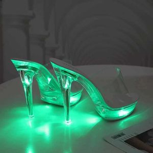 Dress Shoes Light Up Glowing Woman Luminous Clear Sandals Women Platform LED 13cm High Heel Transparent Stripper Heels27SN H240321