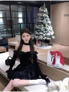 Casual Dresses Spicy Girl Slash Neck Hanging Velvet Fluffy Dress Lady Fashion Korean Temperament Collarbone Solid Slim Banquet Winter Wear