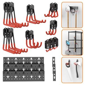 TORACK 24 PCS Garage Storage System with Tracks, Wall Organizer Garden Tools, Ladders, Cords, Folding Chairs, Shovels and Rakes, Hooks for Keyhole Style Sheing