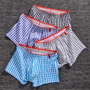 Underpants Plaid Underwear Boxer Men Cotton Soft Comfy Sleeping Boxing Shorts Male U Convex Sexy Panties Trunks Blue Red