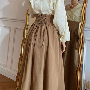 Юбки в Корейском стиле в стиле Харадзюку, с высокой талией, с завязками, пышная юбка, женская винтажная карманная однотонная элегантная длинная юбка Y2k