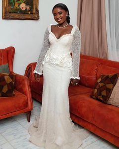 Wedding 2024 Mermaid Dresses Pearls Long Sleeve Beaded Flowers Stain Strapless Bridal Gwon Customized Arabic Aso Ebi 326