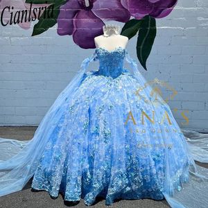 Sparkly Sky Blue Princess Ball Gown Quinceanera Dresses 2024 Appliques Spaghetti Strap Sweetheart Sequined Vestidos De 15 Anos