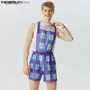 Männer Shorts 2023 Amerikanischer Stil Schöne Männer Tracery Spitze Druck Strampler Lässige Streetwear Männliche Bequeme Shorts Overalls S-5XL L240320