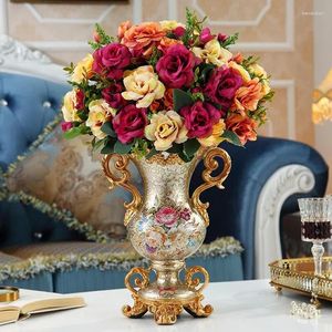 Vasos europeu vaso de resina artificial flor conjunto estatuetas escritório mobiliário doméstico artesanato decoração sala de estar seda pote falso arte