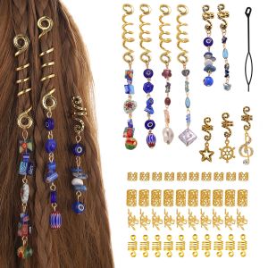 Rör 50st Natural Crystal Stone Hair Pärlor Metal Hår Charms Golden Dreadlock Spirals Rings for Girls Frisyrdekoration