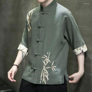 Camisas casuais masculinas Folha de bambu chinês camisa bordada Tang linho meia manga blusa cor bloqueando impressão top roupas